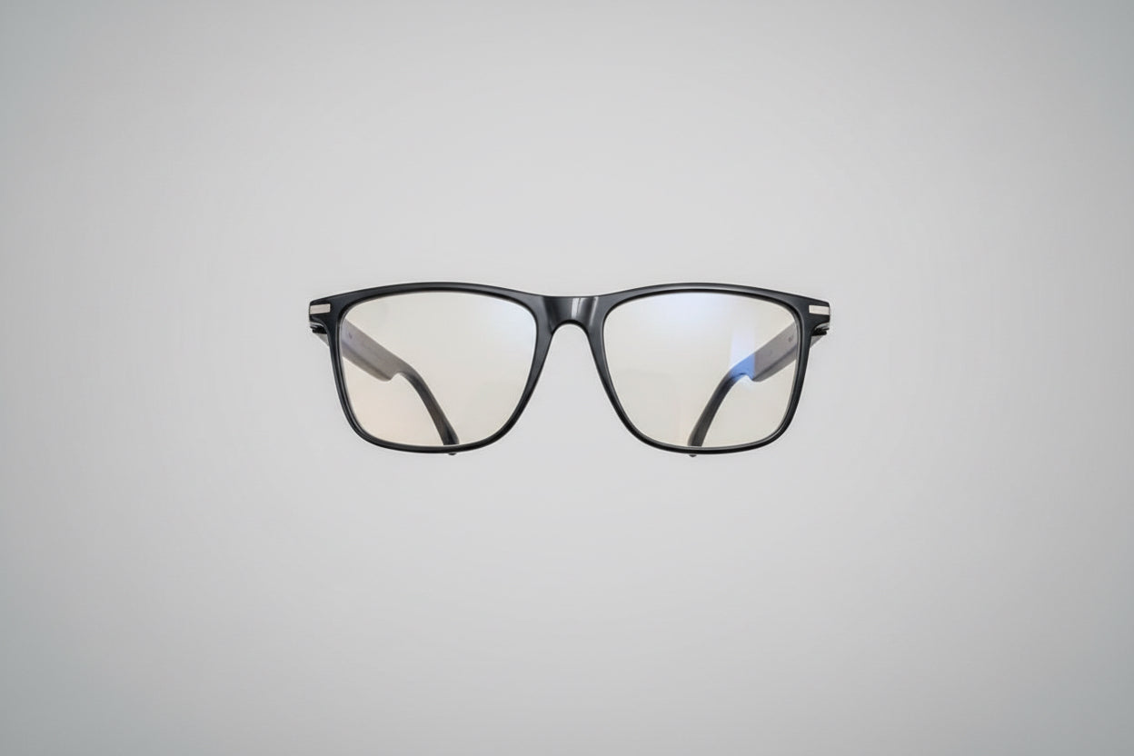 A pair of black rectangular eyeglasses with clear lenses held by a hand over a dark marble surface, with a laptop and green plant in the background.