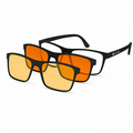 Three pairs of square-frame sunglasses with black frames and orange-tinted lenses, arranged in a fan-like composition on a plain white background.