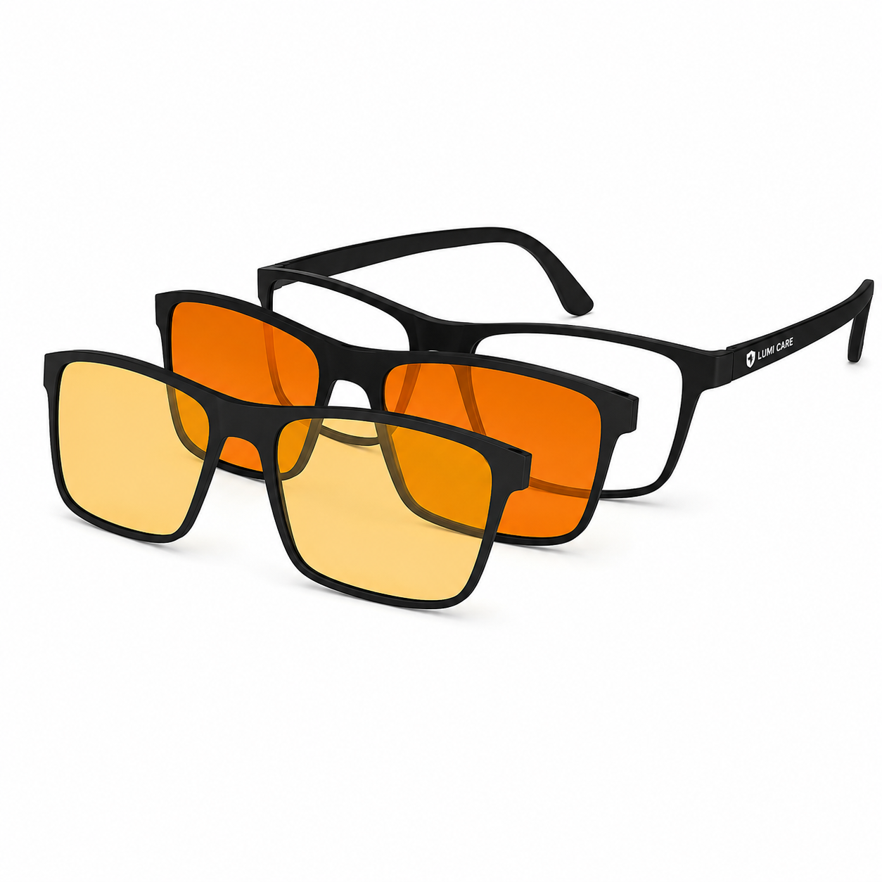 Three pairs of square-frame sunglasses with black frames and orange-tinted lenses, arranged in a fan-like composition on a plain white background.