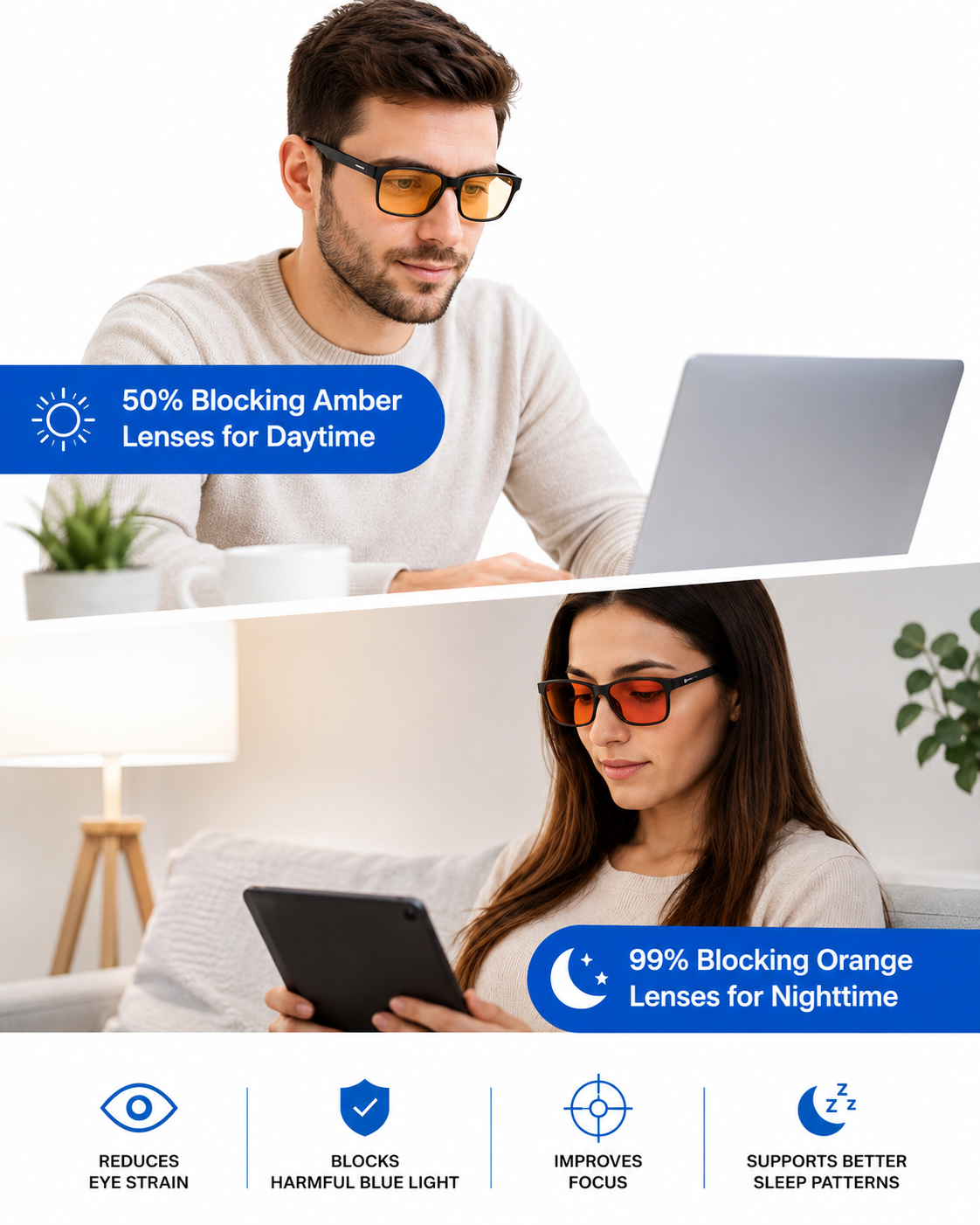 A promotional graphic showing two people wearing tinted eyeglass lenses in different settings. The top photo shows a man working on a laptop with blue text reading '50% Blocking Amber Lenses for Daytime.