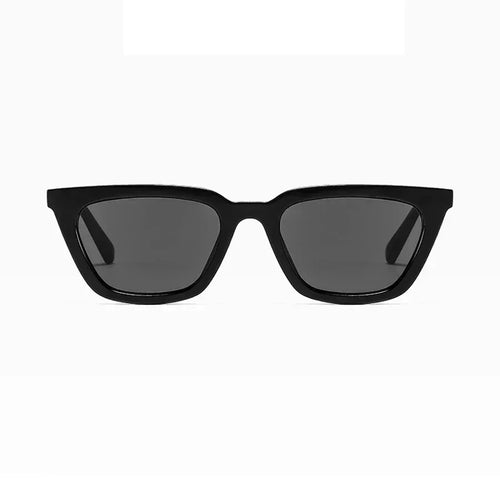 Black sunglasses with dark lenses on a white background