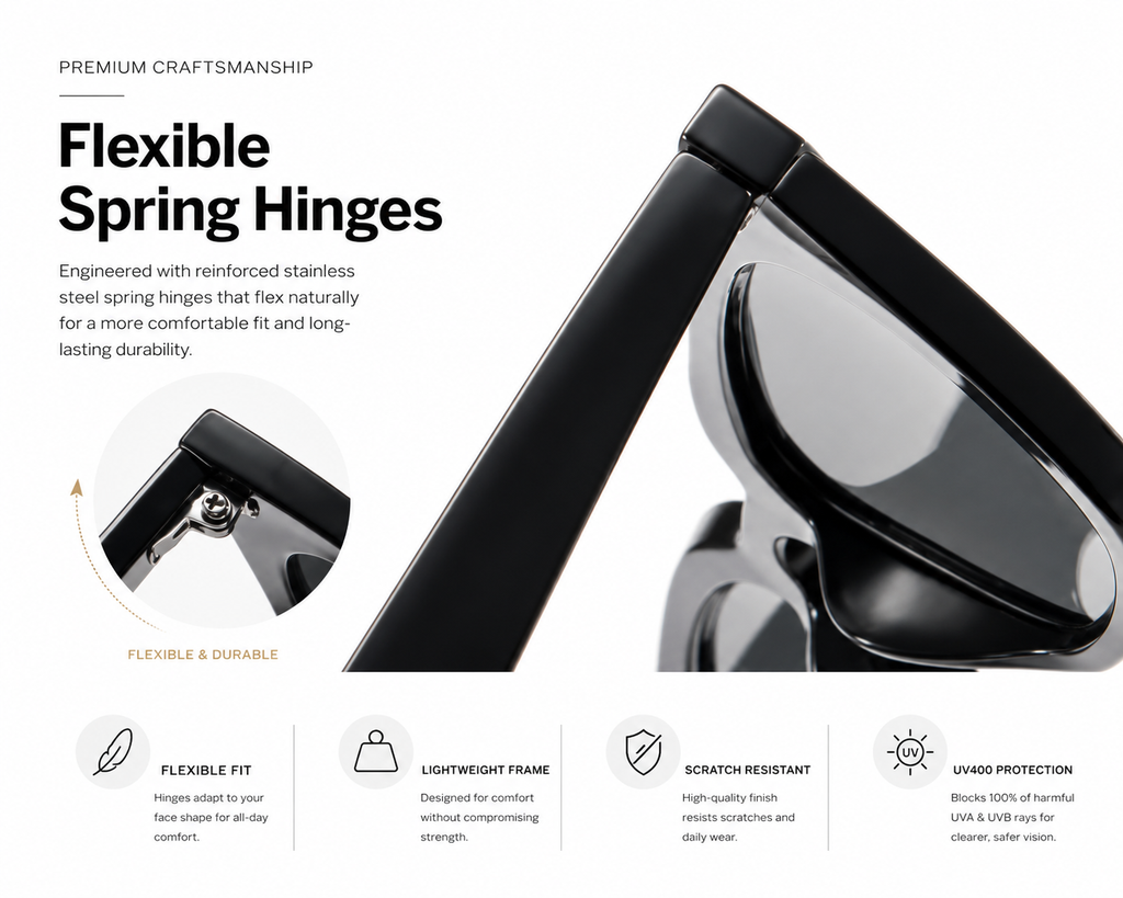 Promotional graphic for flexible spring hinges on a black-framed eyeglass frame, with text callouts and feature icons on a white background.