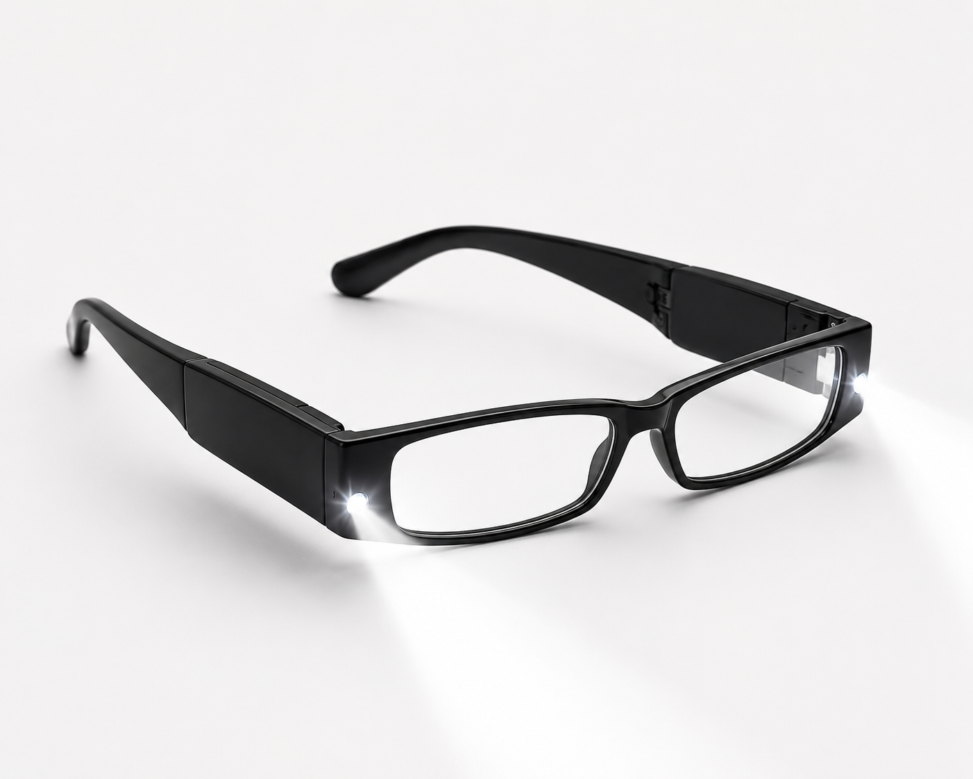 Black smart glasses with clear lenses and a visible front light, photographed on a clean white background.