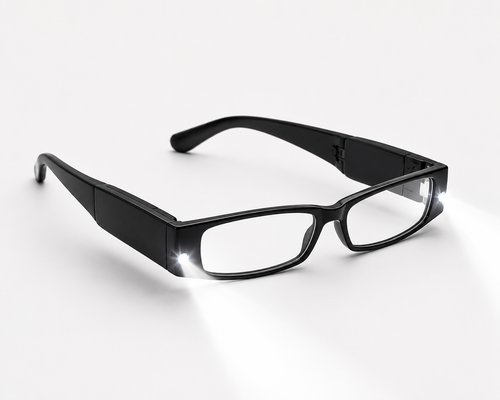Black smart glasses with clear lenses and a visible front light, photographed on a clean white background.