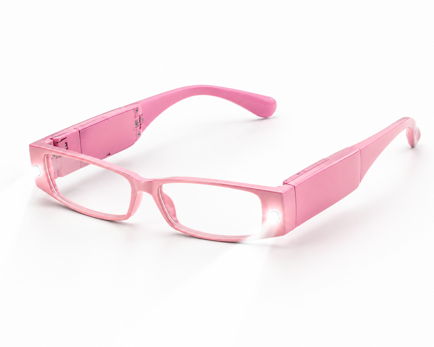 Pink translucent rectangular eyeglasses with clear lenses and matching pink temple arms, photographed on a clean white background.