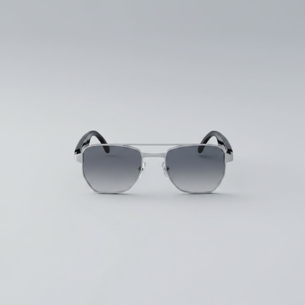 Aviator sunglasses with black and silver frame on a gray background, featuring Sound Enhance, Denoise, and Directcin Tone logos.