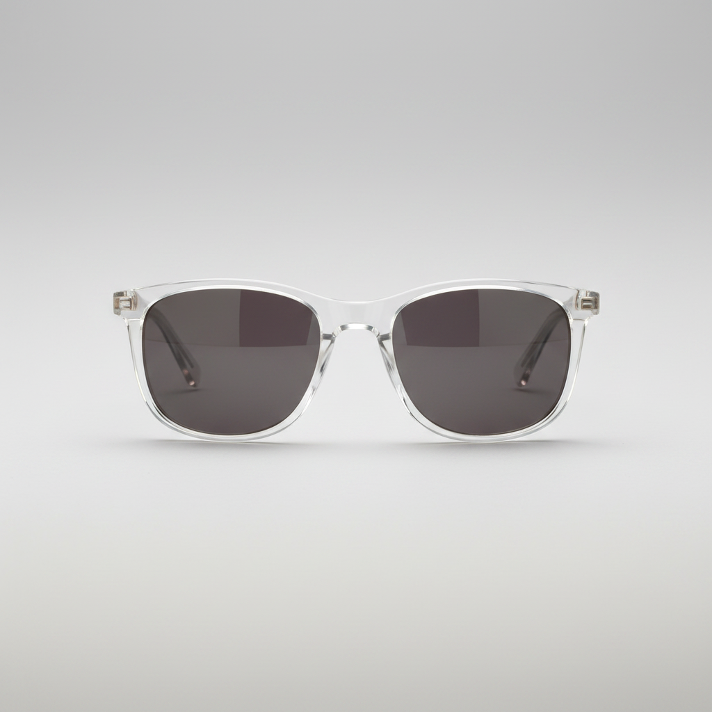 Sunglasses with a black case featuring brand logos on a light blue background