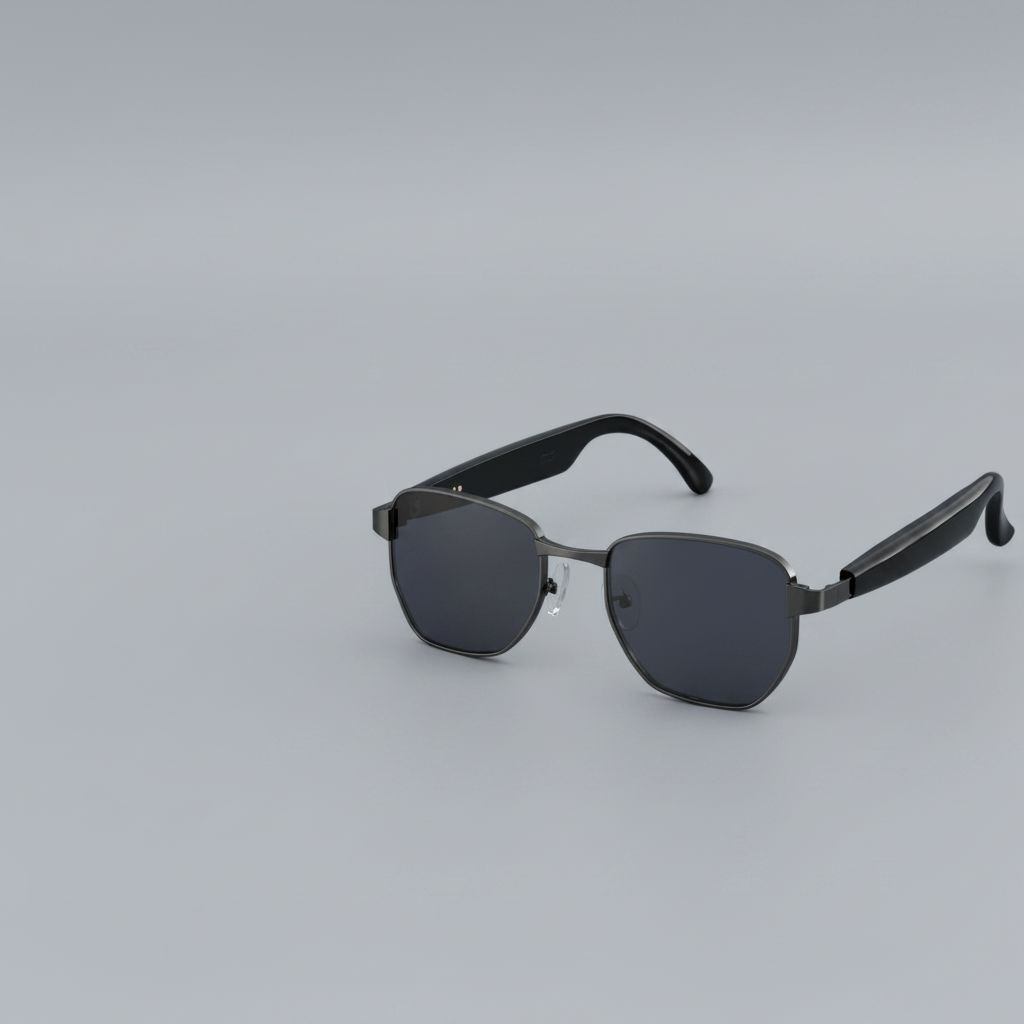 Sunglasses with sound enhancement, denoise, and directin tone features on a gray background