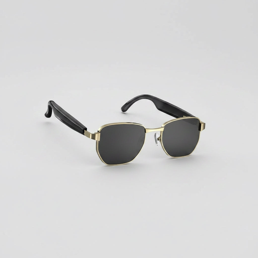Sunglasses with AI features on a white shelf against a light gray background