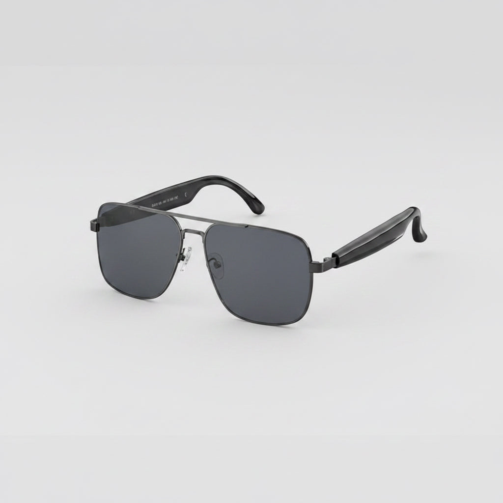 Bluetooth glasses with features listed on a gray background