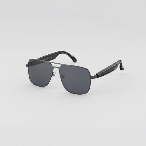 Bluetooth glasses with features listed on a gray background