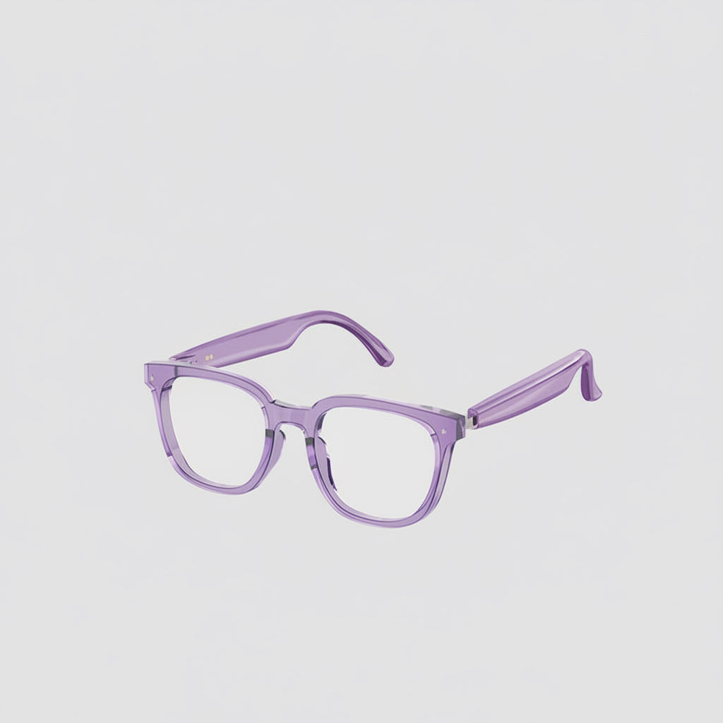 Purple Bluetooth glasses with case on a blue gradient background