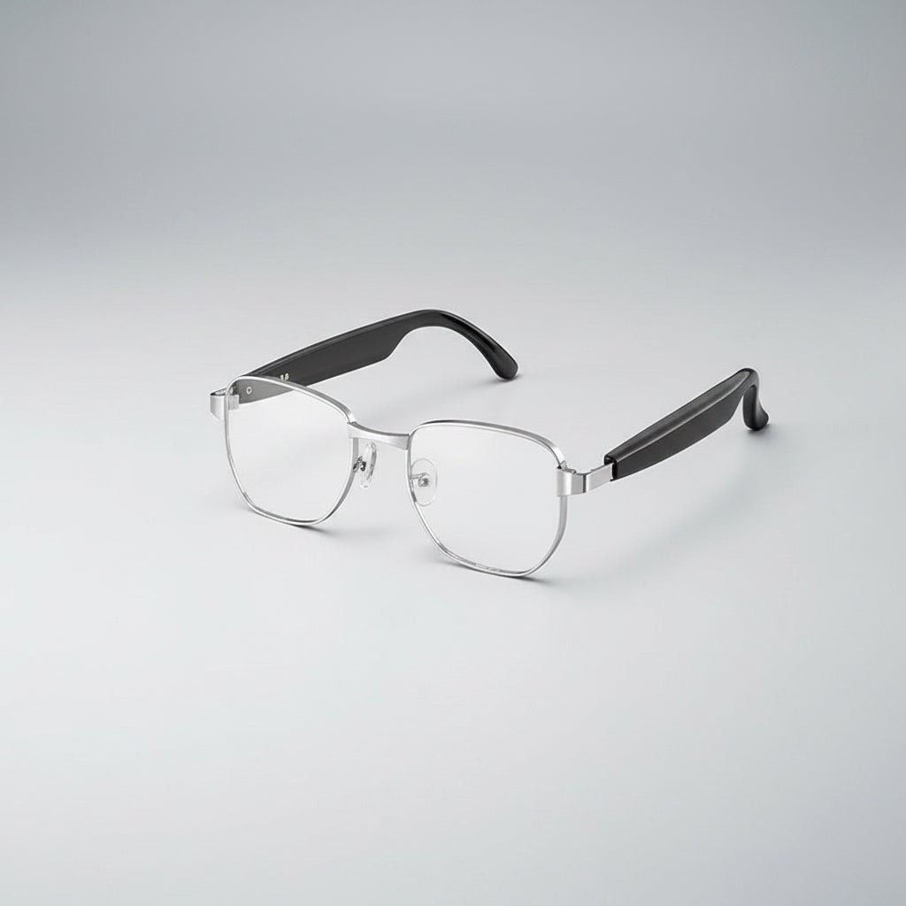 Bluetooth glasses with features listed on a gray background