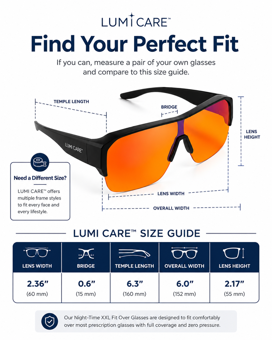 Lumi Care size guide infographic showing a pair of black sports sunglasses with orange lenses, labeled with dimensions like temple length, bridge, lens width, and overall width, plus a size guide table at the bottom.