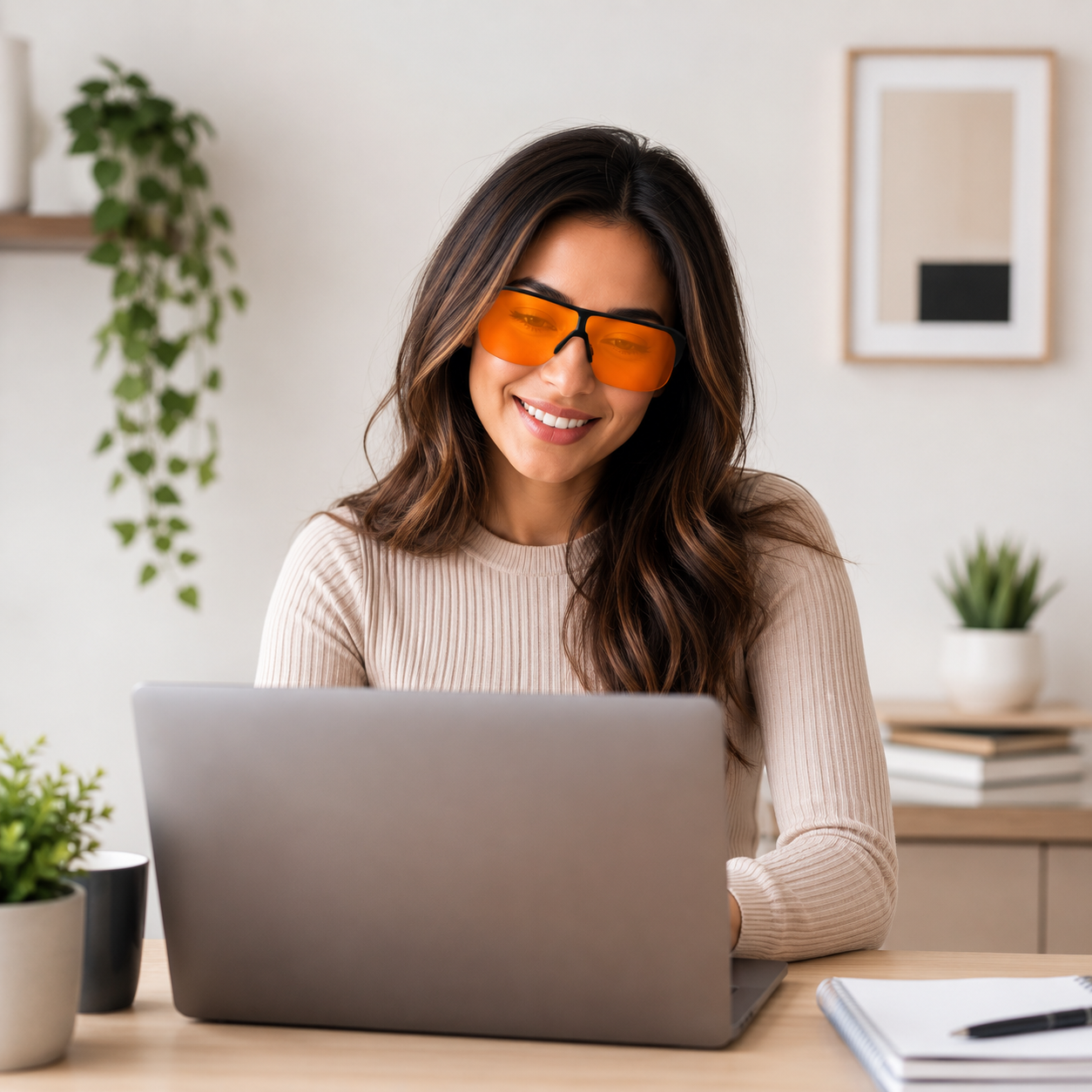 A woman with long brown hair sits at a desk wearing orange-tinted protective glasses and smiling while looking at a laptop. The setting is a bright, modern home office with a wooden desk, potted plants, and a neutral-colored wall.