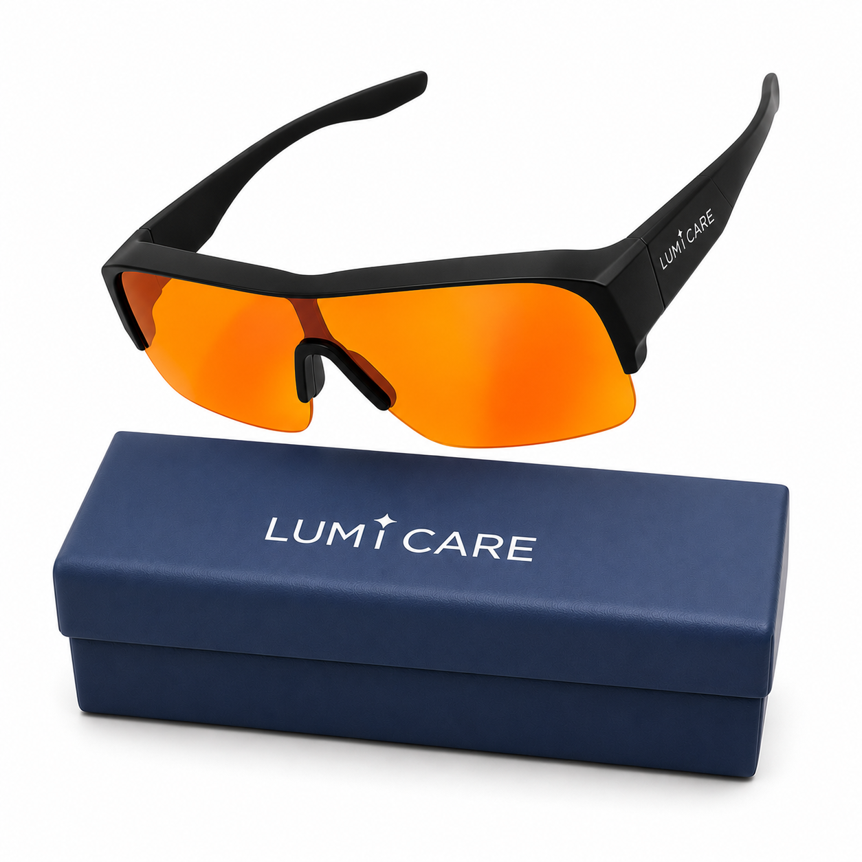 Black wraparound sunglasses with vibrant orange mirrored lenses, displayed above a navy blue LUMiCARE brand case on a clean white background.