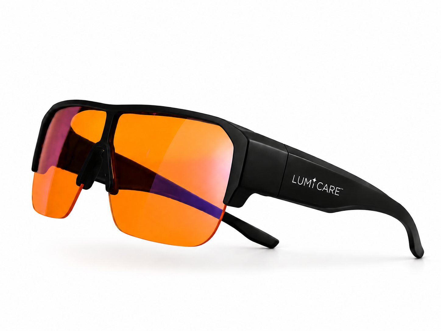 Black wrap-around sunglasses with vibrant orange mirrored lenses and a visible LUMI-CARE logo on the temple arm, set against a clean white background.