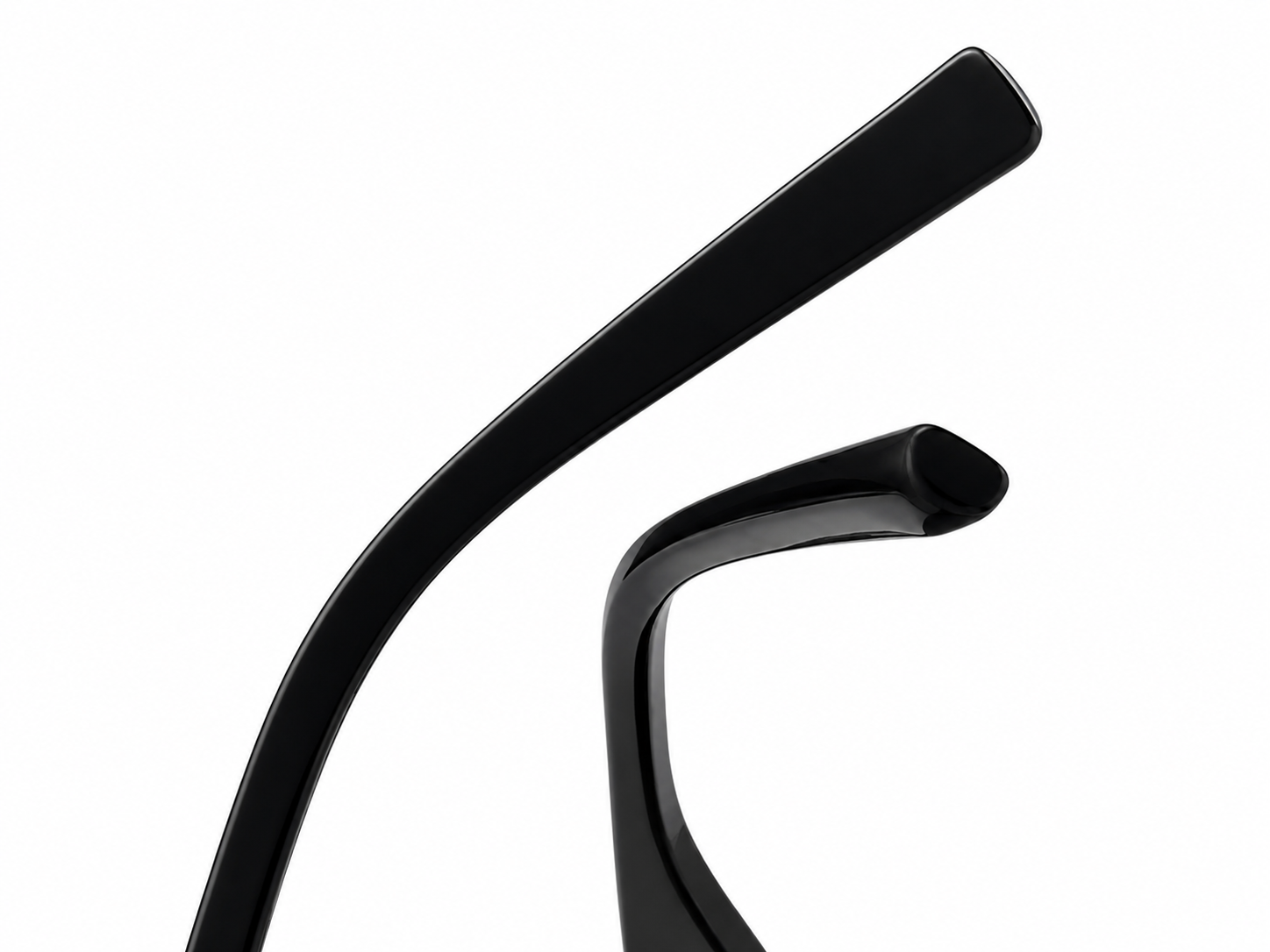 Close-up of glossy black eyeglass temple arms on a plain white background.
