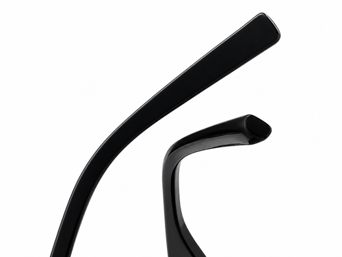 Close-up of glossy black eyeglass temple arms on a plain white background.