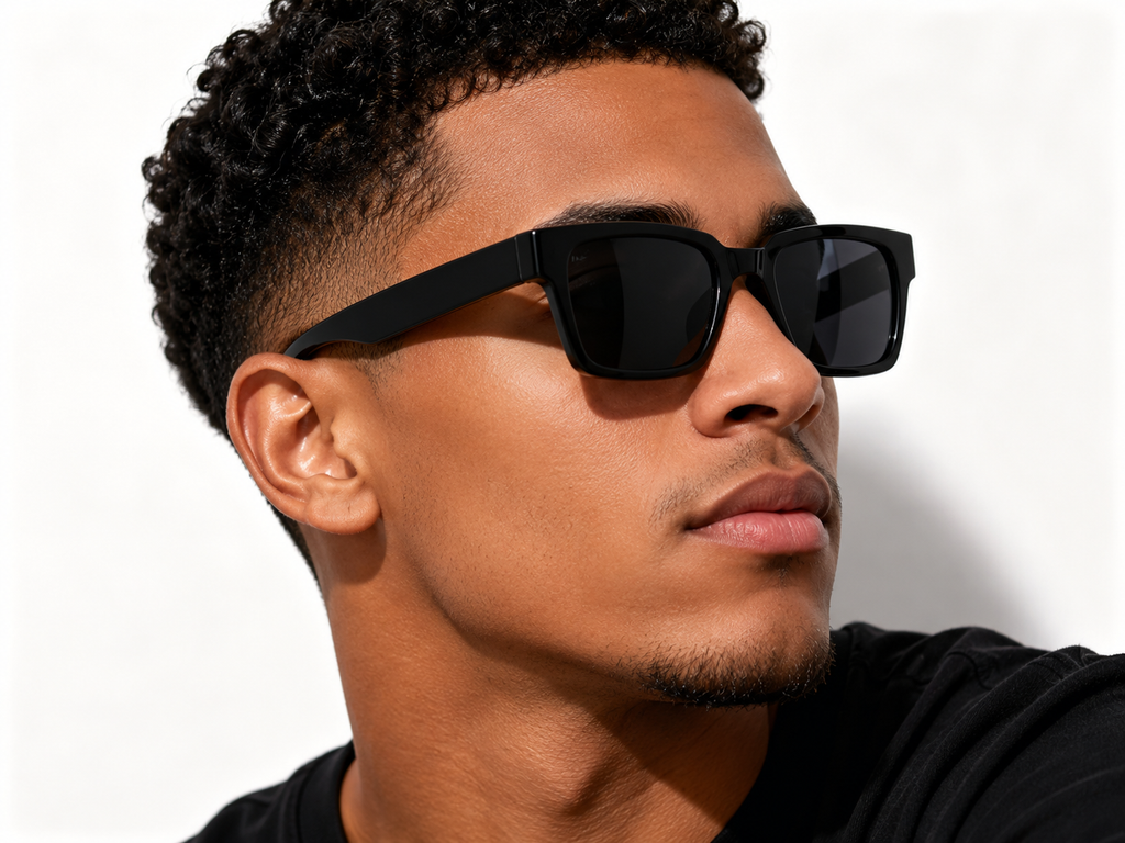 A close-up of a man wearing black rectangular sunglasses with dark lenses and black temple arms, set against a clean white background.